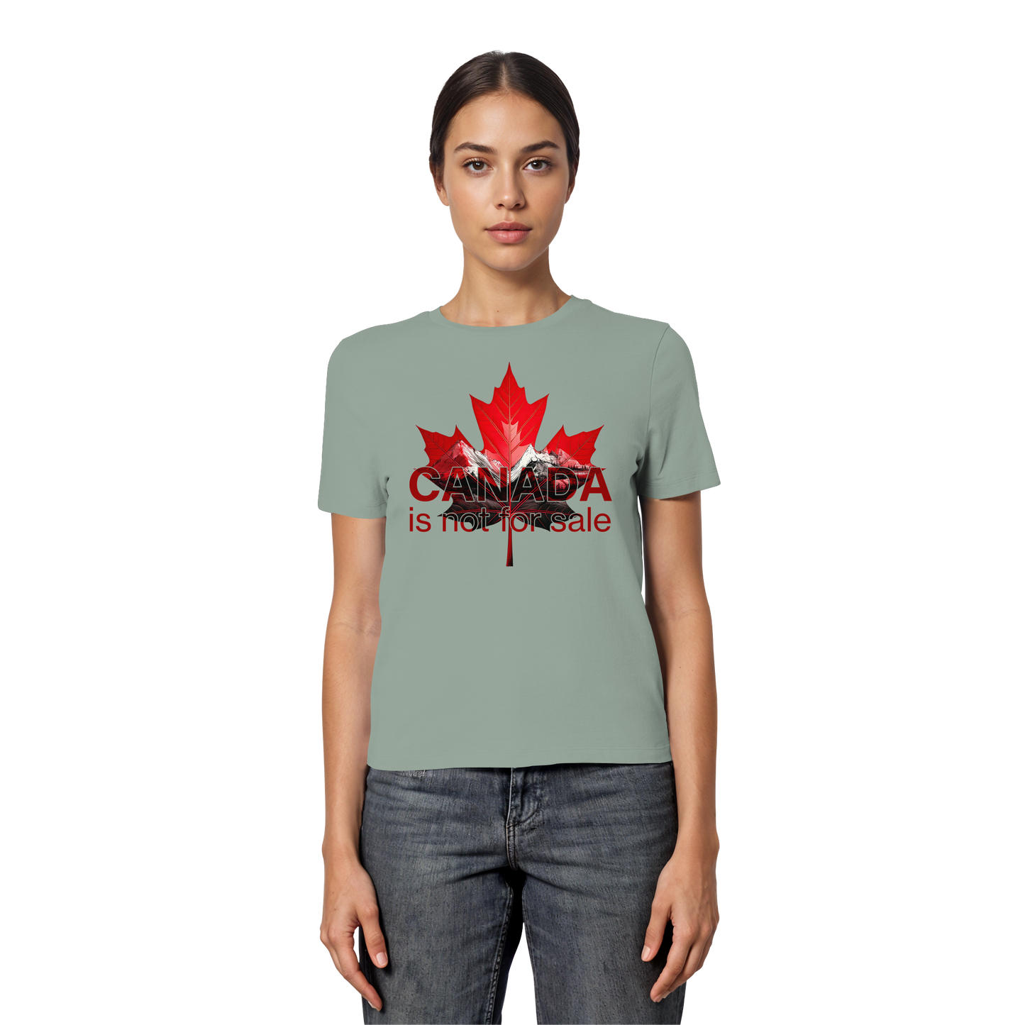 Women’s Favorite Tee “Canada is Not for Sale” – Red Maple Leaf and Mountains, Stylish Canada Shirt