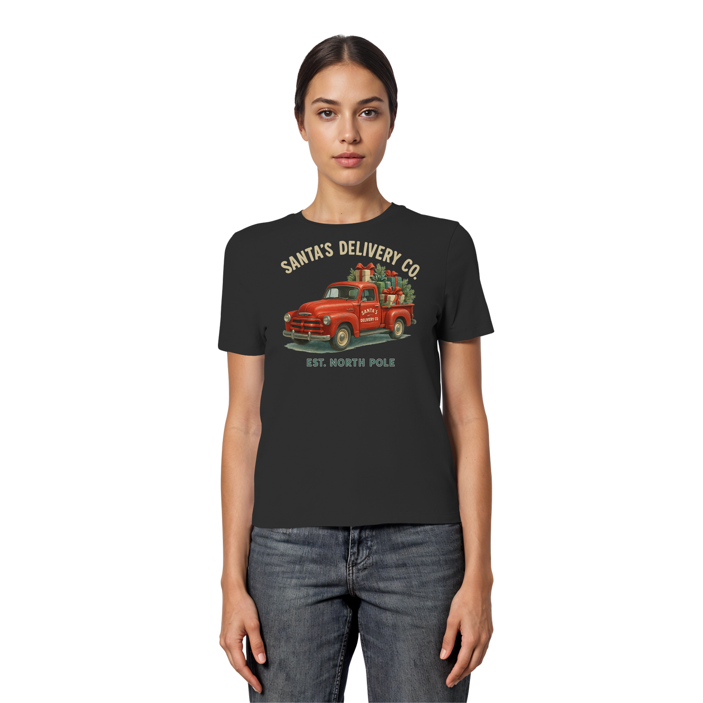 Santa’s Delivery Truck Women’s Tee | Vintage Holiday Shirt | Cotton Blend, Red Truck Design