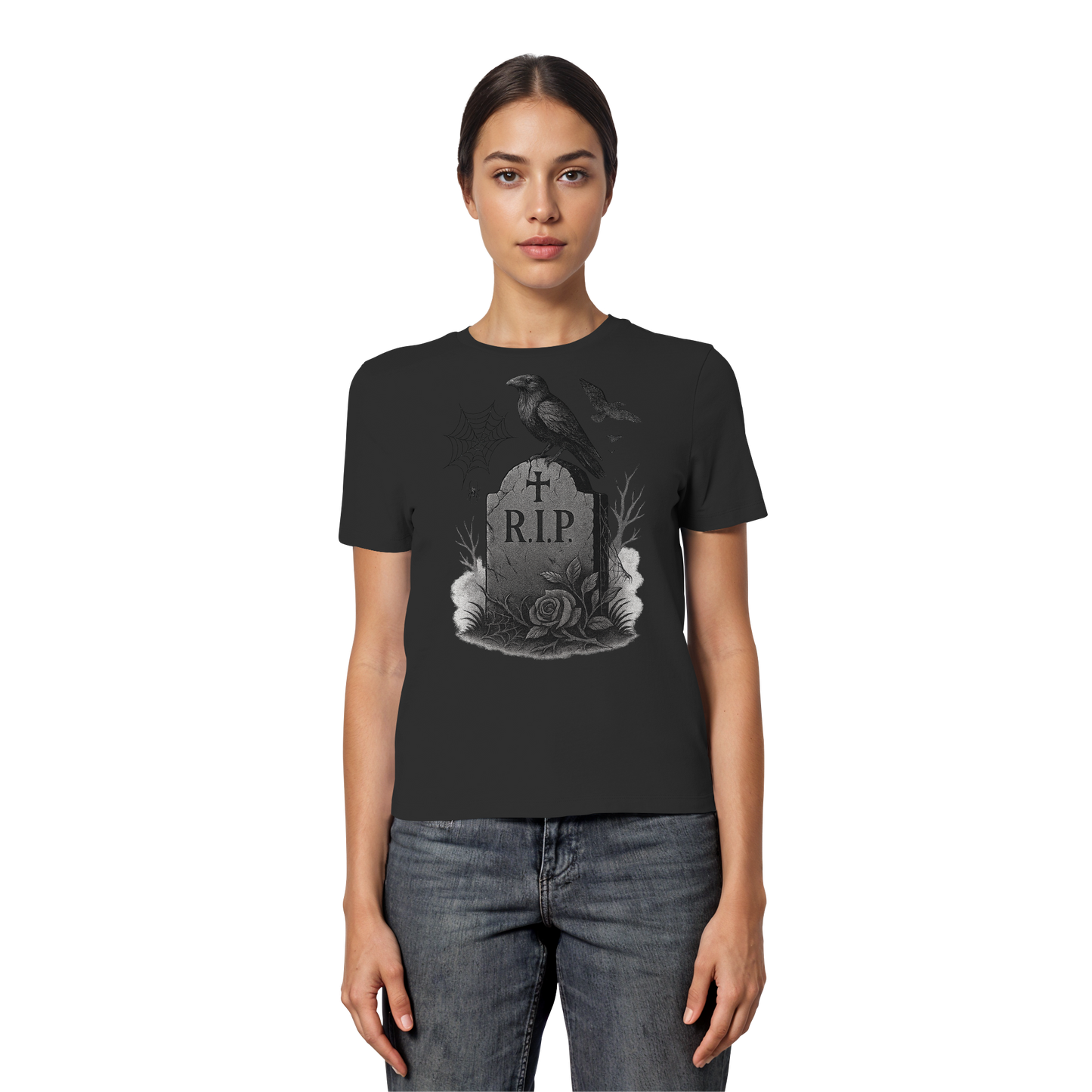 Grave & Ravens – Women’s Dark Halloween Tee | Spooky Raven & Tombstone Design
