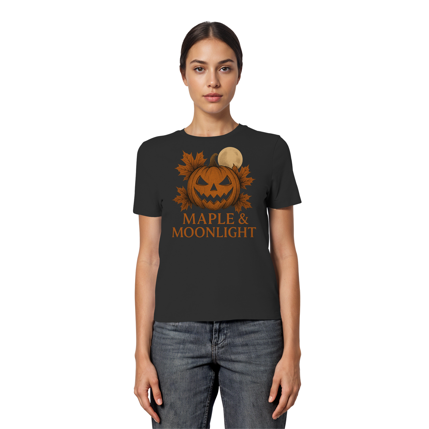 Maple & Moonlight – Women’s Halloween Tee | Maple Leaf & Pumpkin Design