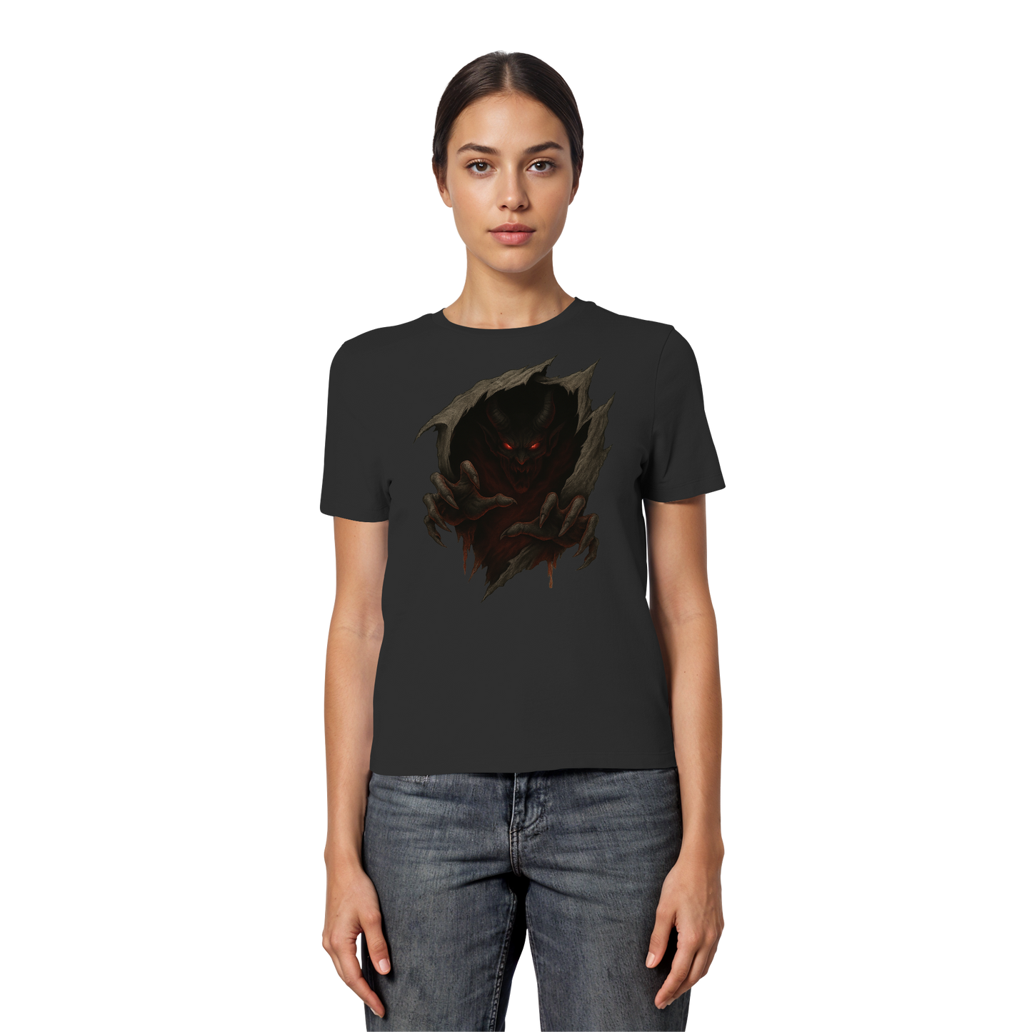 Demon Within – Women’s Gothic Halloween Tee | Spooky Red-Eyed Demon Design