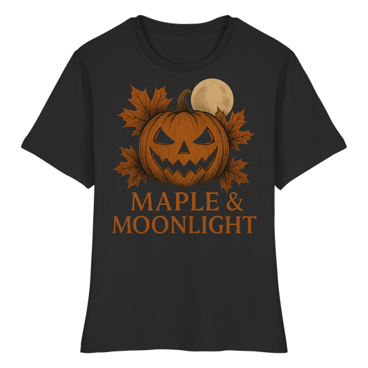 Maple & Moonlight – Women’s Halloween Tee | Maple Leaf & Pumpkin Design