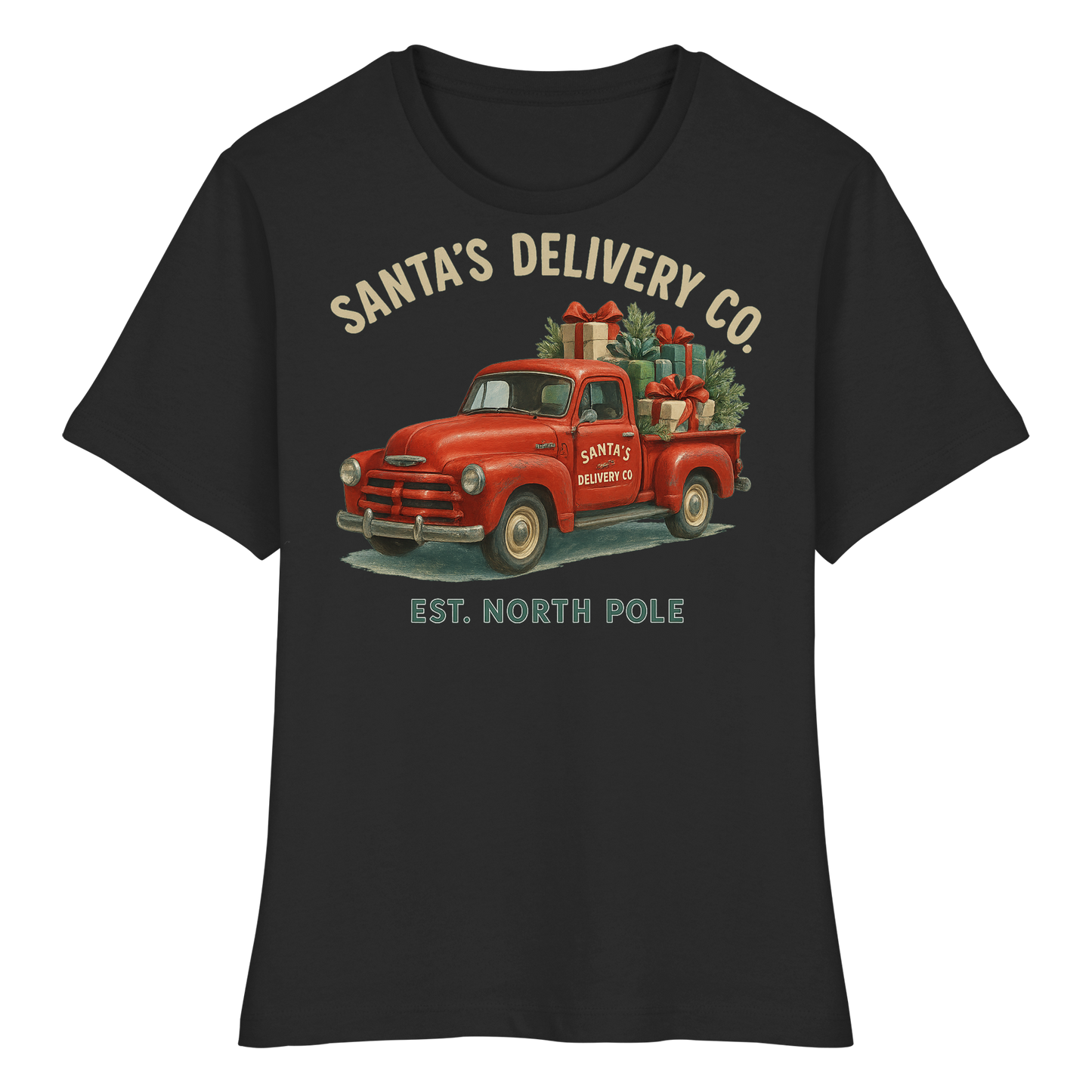 Santa’s Delivery Truck Women’s Tee | Vintage Holiday Shirt | Cotton Blend, Red Truck Design