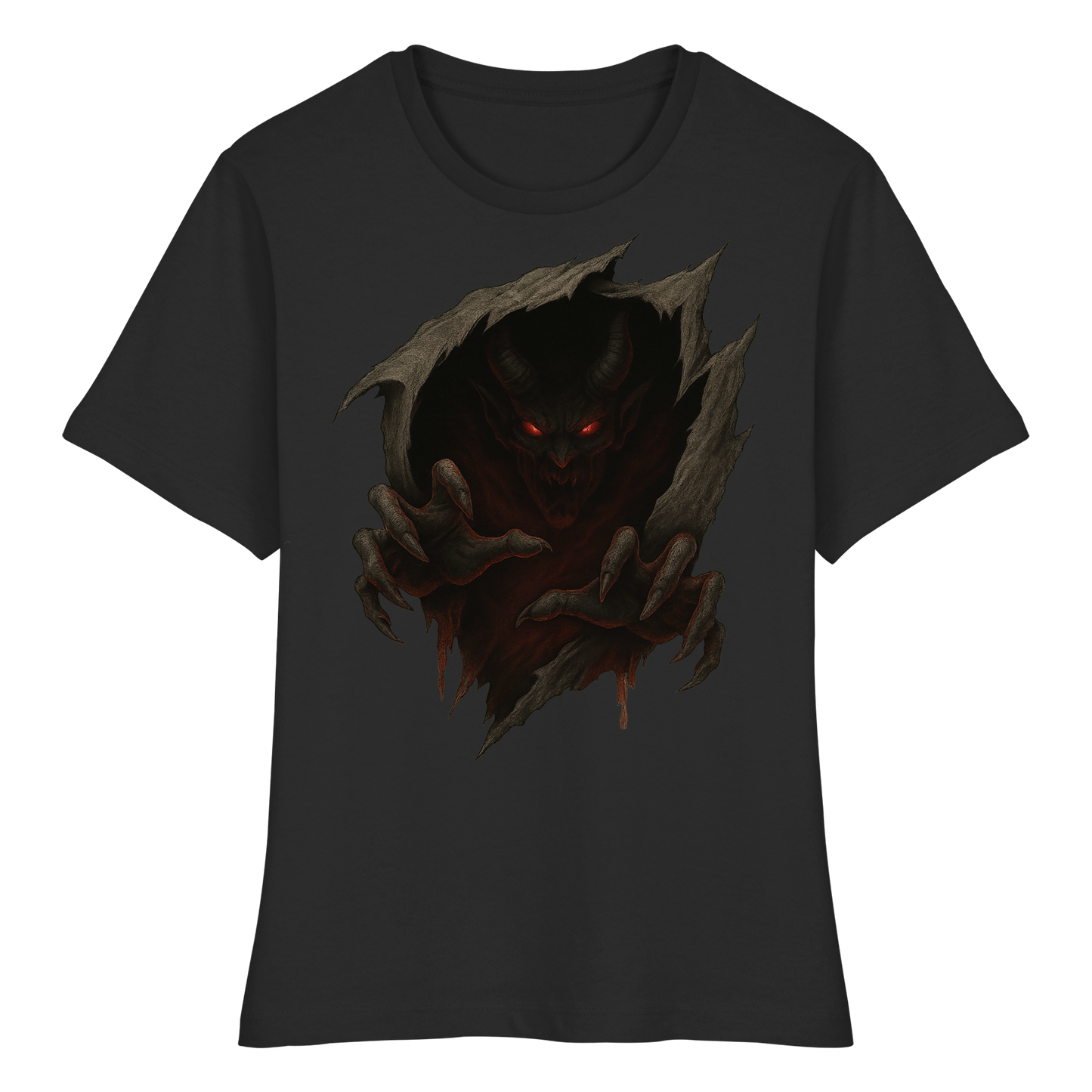 Demon Within – Women’s Gothic Halloween Tee | Spooky Red-Eyed Demon Design