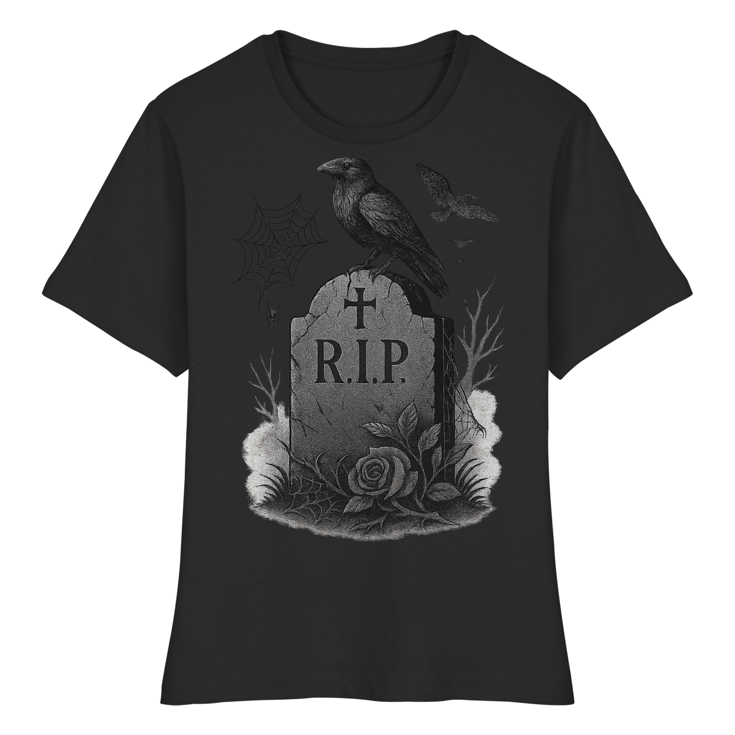 Grave & Ravens – Women’s Dark Halloween Tee | Spooky Raven & Tombstone Design