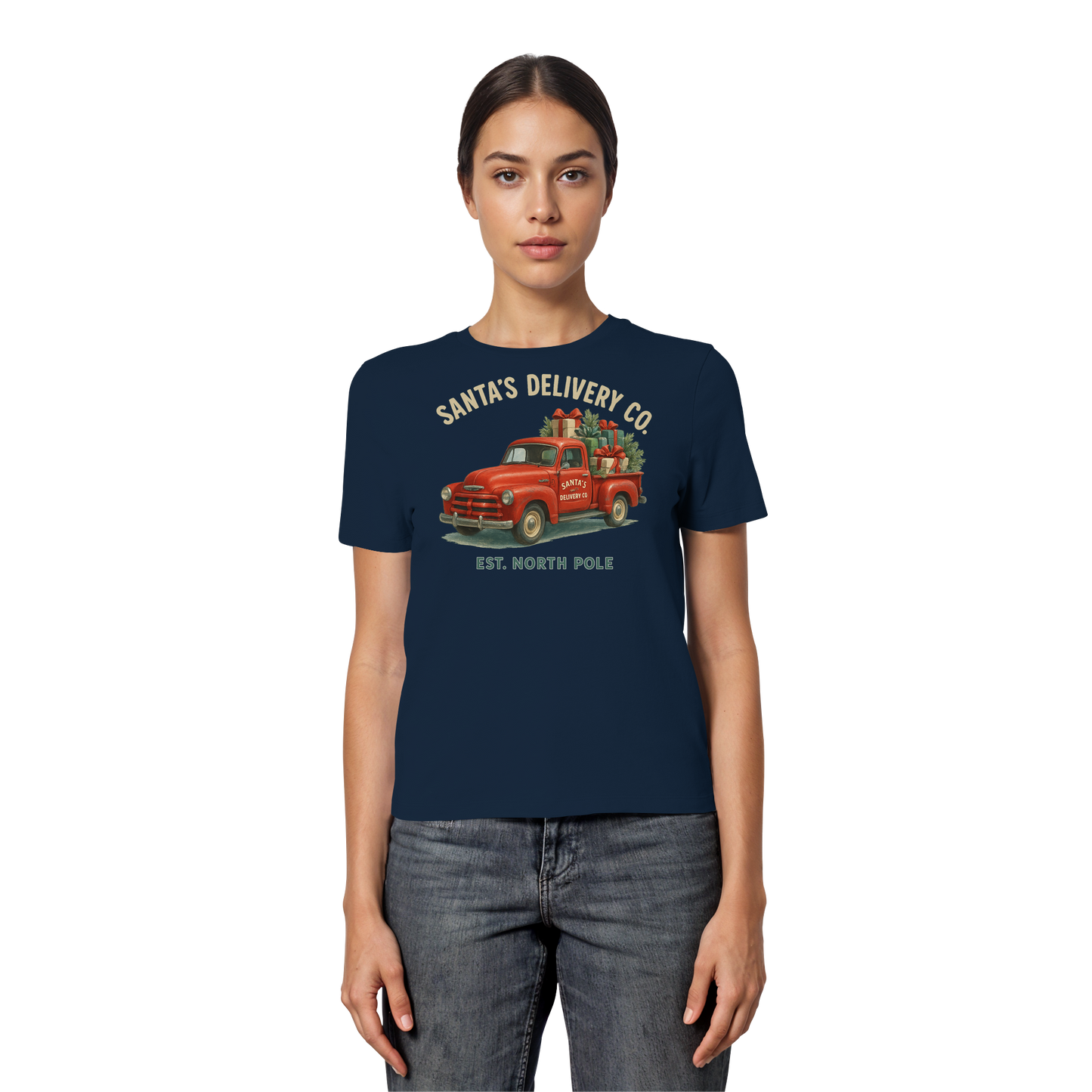 Santa’s Delivery Truck Women’s Tee | Vintage Holiday Shirt | Cotton Blend, Red Truck Design