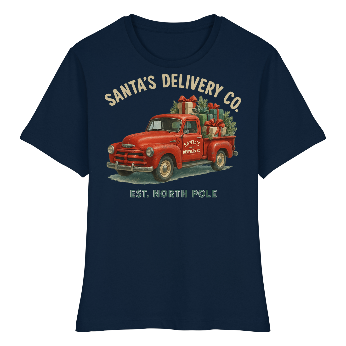 Santa’s Delivery Truck Women’s Tee | Vintage Holiday Shirt | Cotton Blend, Red Truck Design