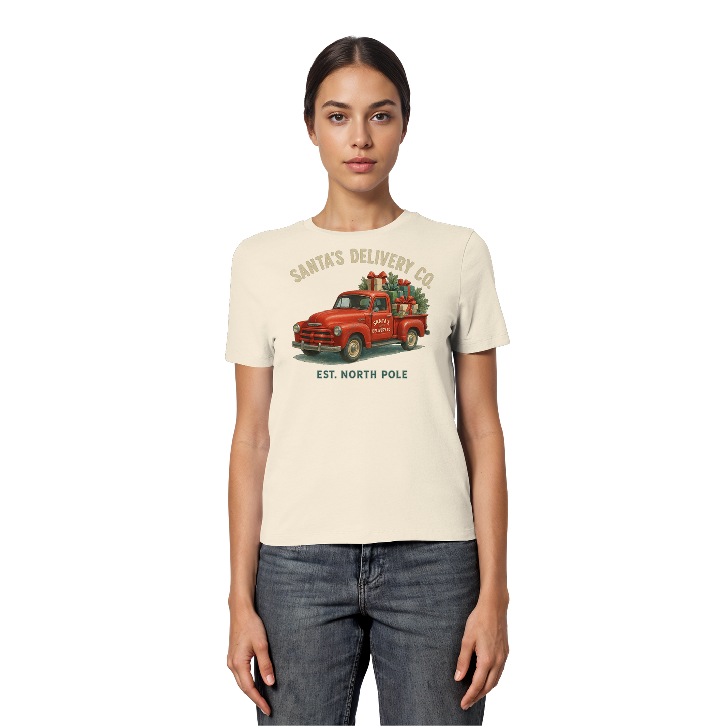 Santa’s Delivery Truck Women’s Tee | Vintage Holiday Shirt | Cotton Blend, Red Truck Design