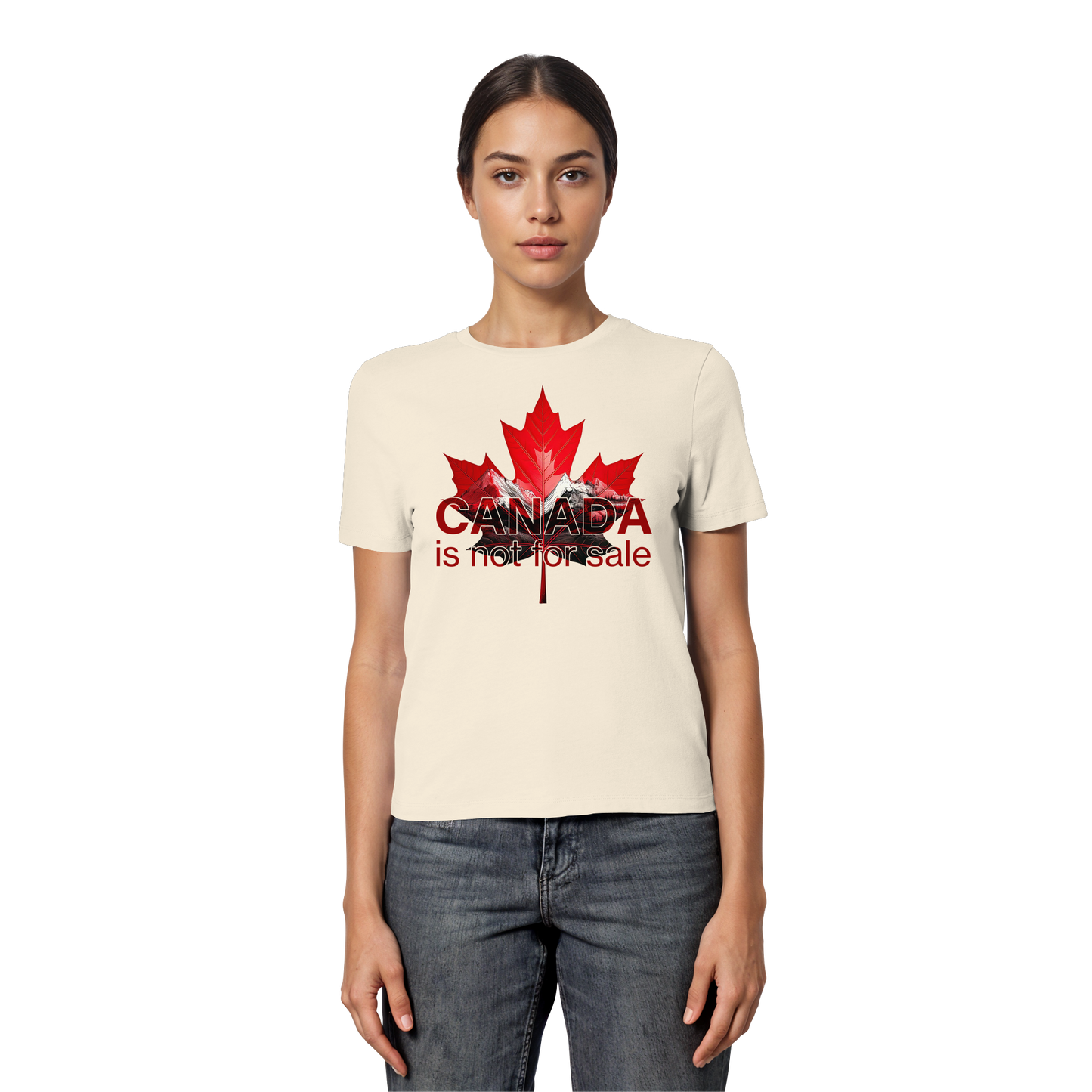 Women’s Favorite Tee “Canada is Not for Sale” – Red Maple Leaf and Mountains, Stylish Canada Shirt