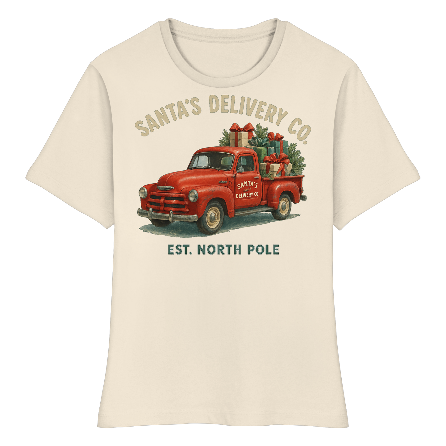 Santa’s Delivery Truck Women’s Tee | Vintage Holiday Shirt | Cotton Blend, Red Truck Design