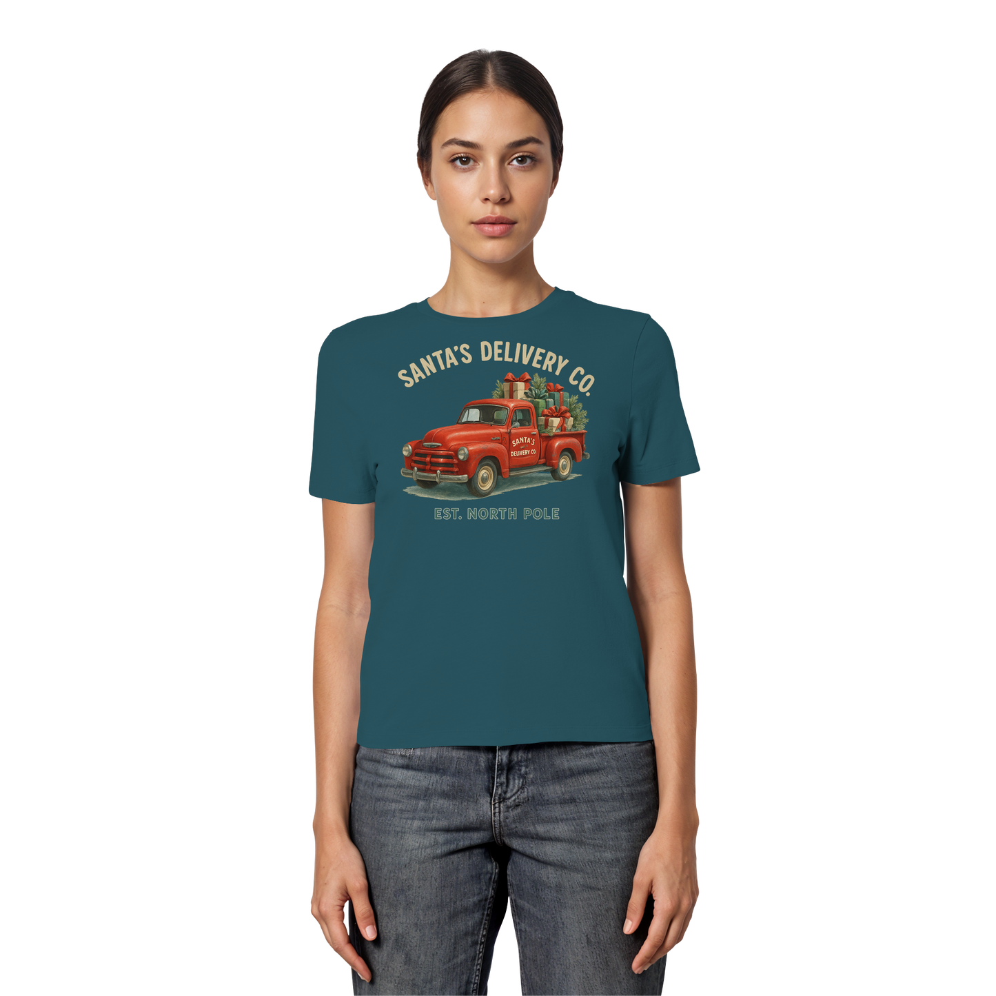 Santa’s Delivery Truck Women’s Tee | Vintage Holiday Shirt | Cotton Blend, Red Truck Design