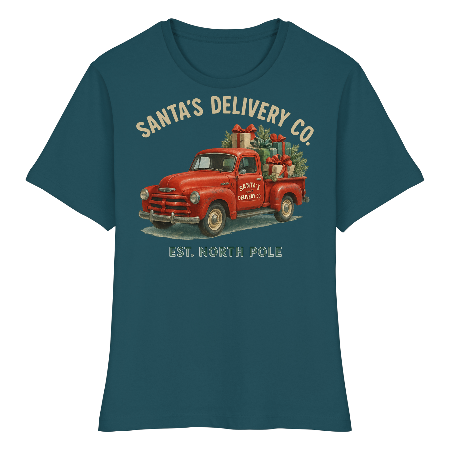 Santa’s Delivery Truck Women’s Tee | Vintage Holiday Shirt | Cotton Blend, Red Truck Design