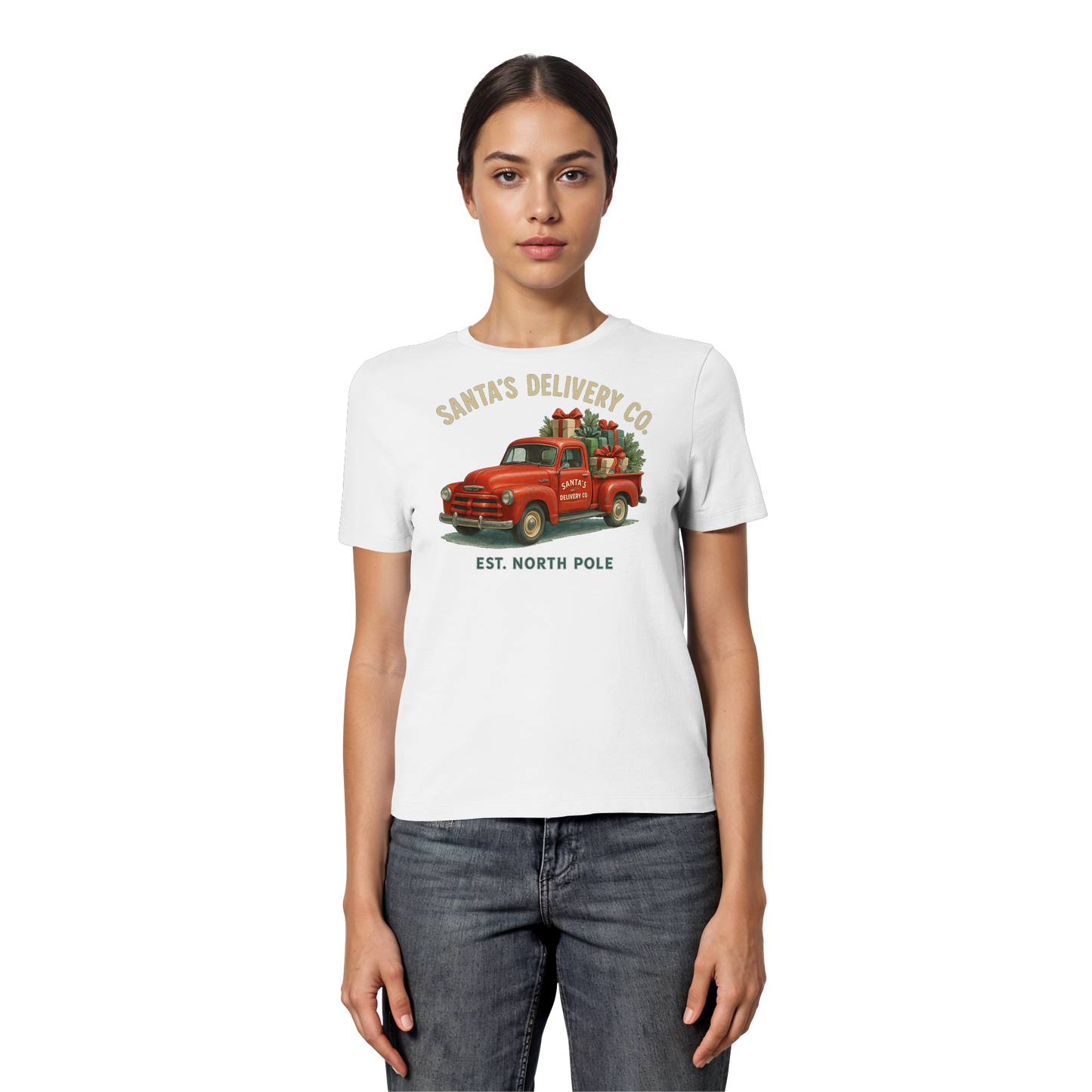 Santa’s Delivery Truck Women’s Tee | Vintage Holiday Shirt | Cotton Blend, Red Truck Design