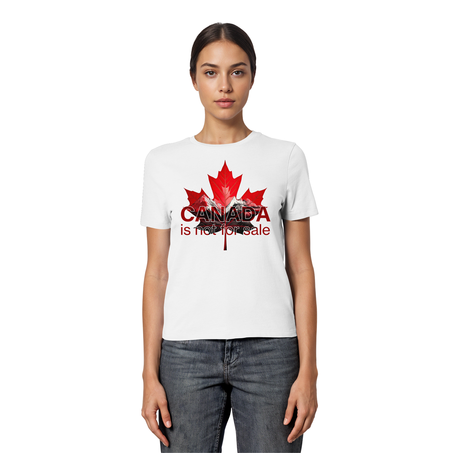 Women’s Favorite Tee “Canada is Not for Sale” – Red Maple Leaf and Mountains, Stylish Canada Shirt