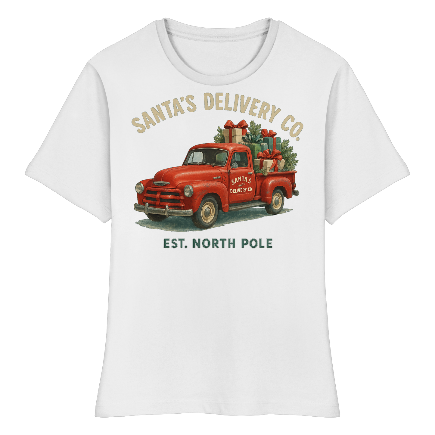 Santa’s Delivery Truck Women’s Tee | Vintage Holiday Shirt | Cotton Blend, Red Truck Design