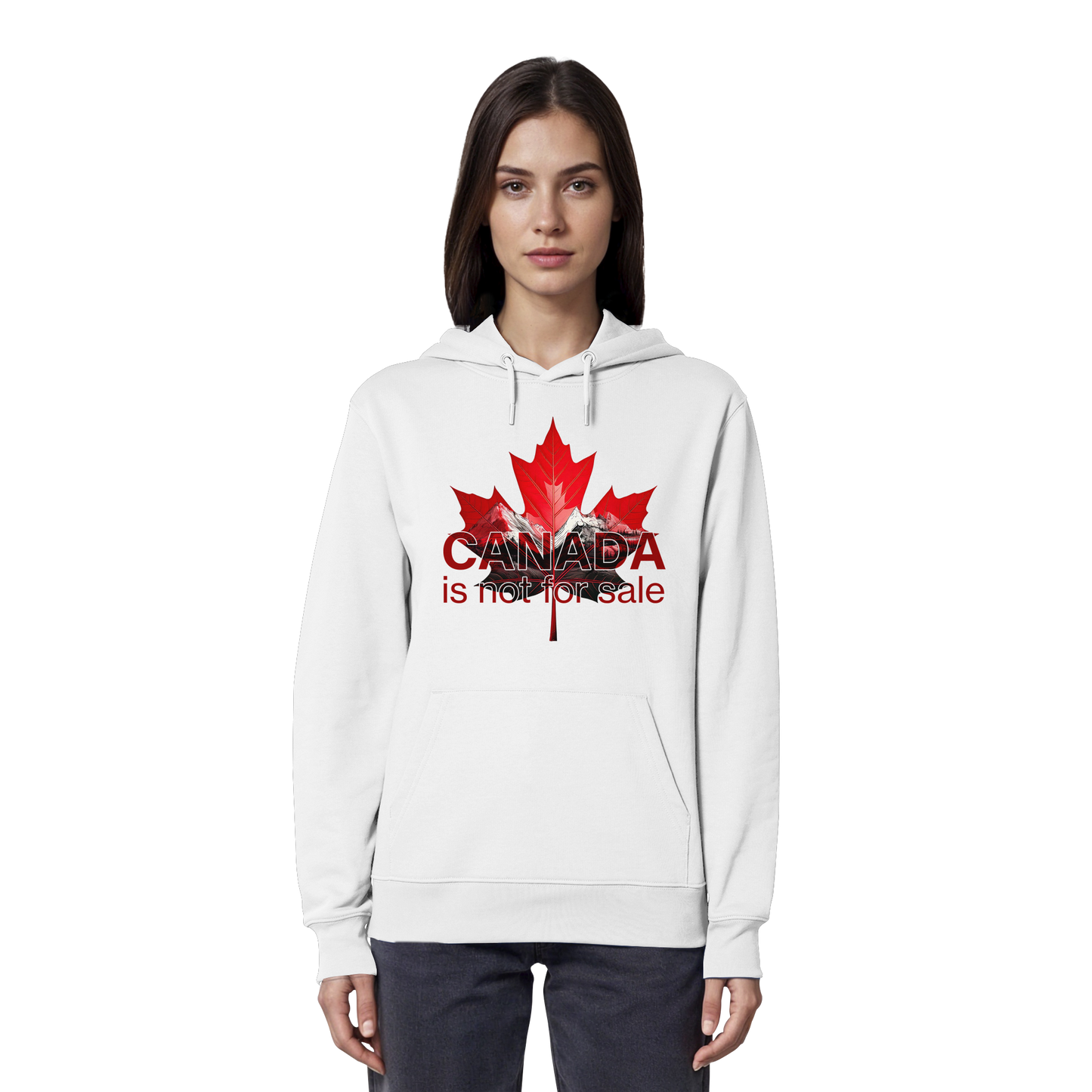 Hoodie “Canada is Not for Sale” – Red Maple Leaf and Mountains, Warm and Comfortable