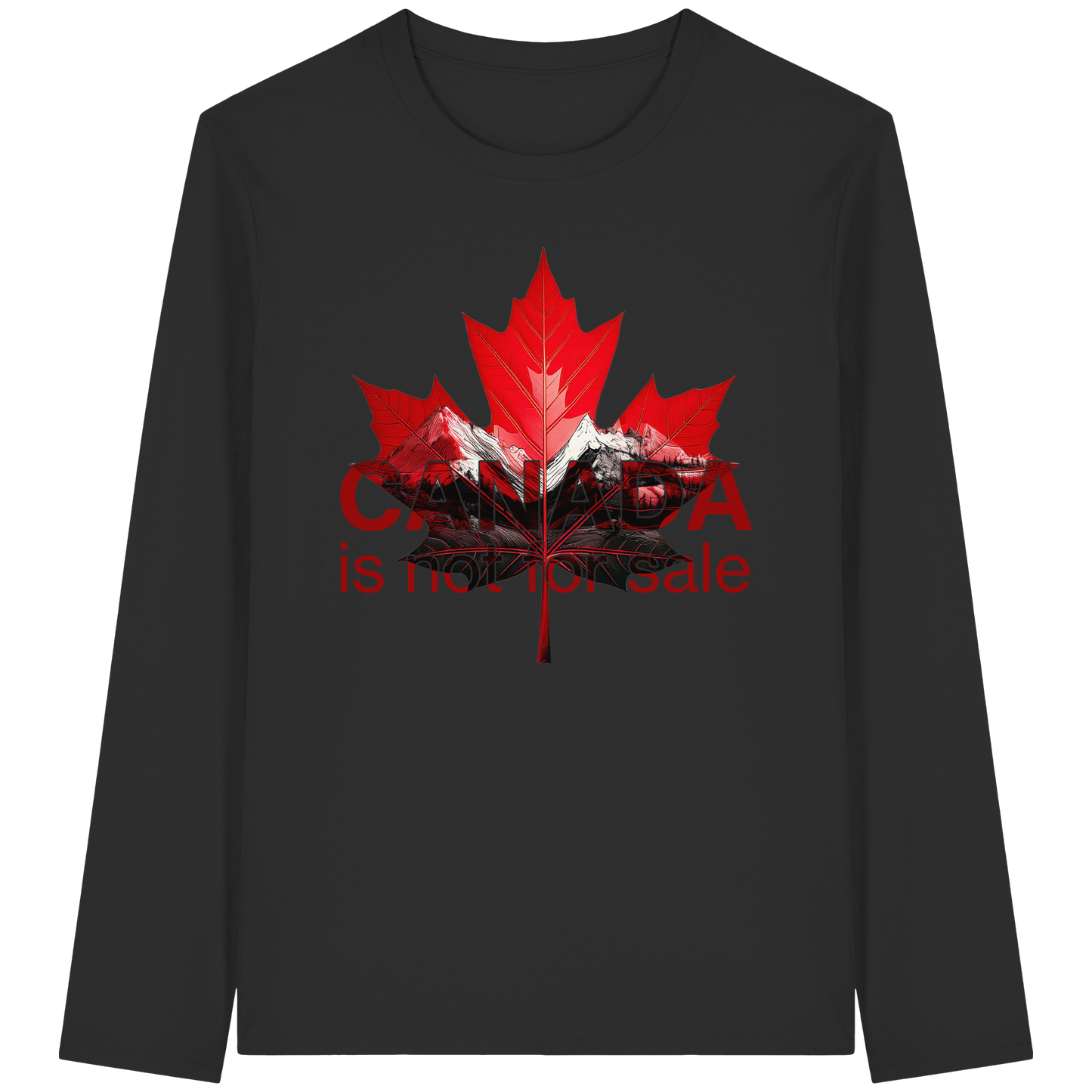 Unisex Long Sleeve Tee “Canada is Not for Sale” – Red Maple Leaf and Mountains, Canadian Pride Shirt