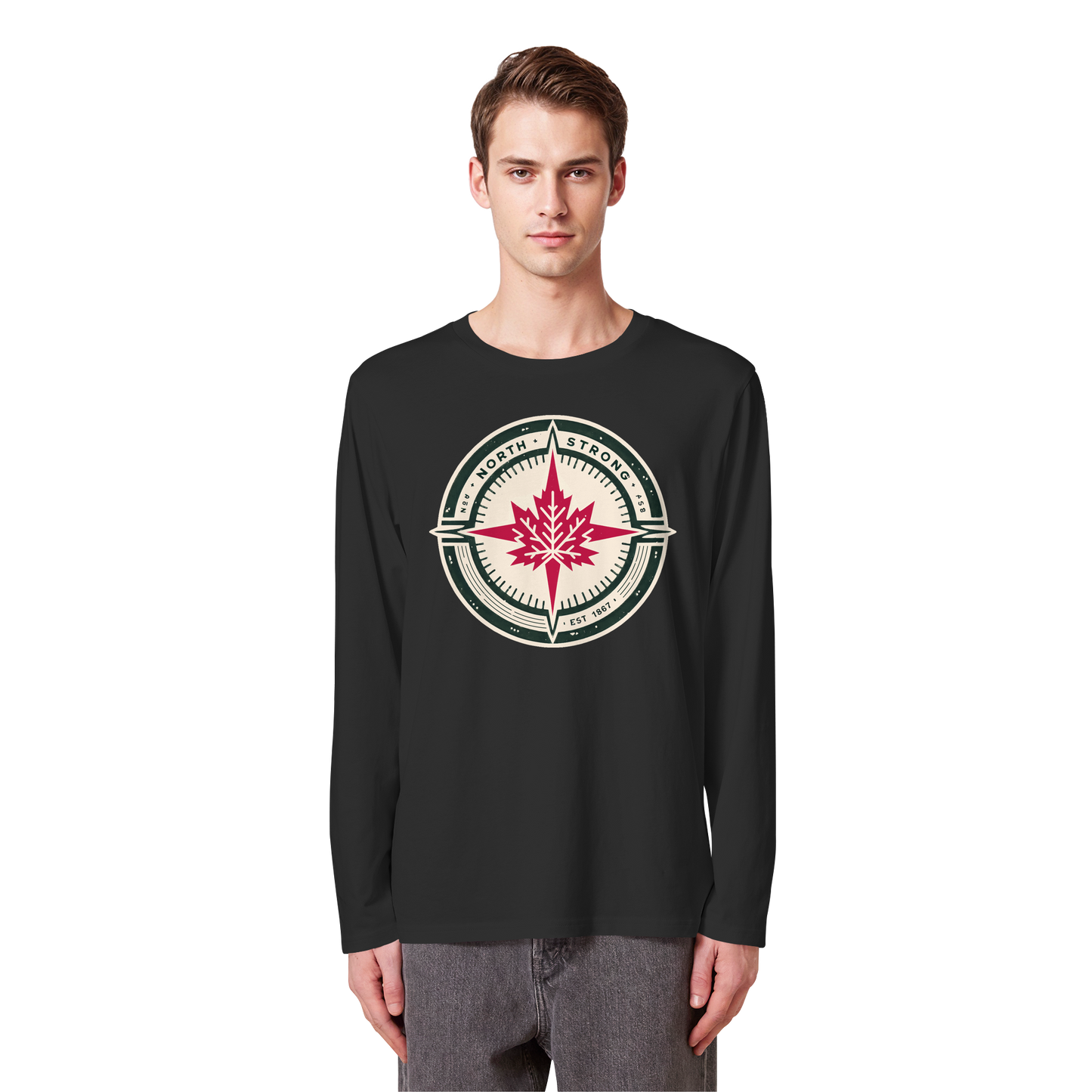 “North Strong” Compass Design – Unisex Long Sleeve Tee – Navigate Adventure with Canadian Pride
