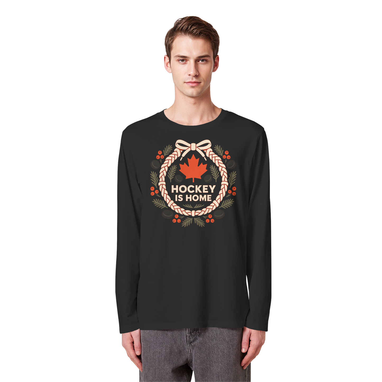 Hockey Lace Wreath Long Sleeve | Hockey Christmas Shirt | Premium Cotton Tee