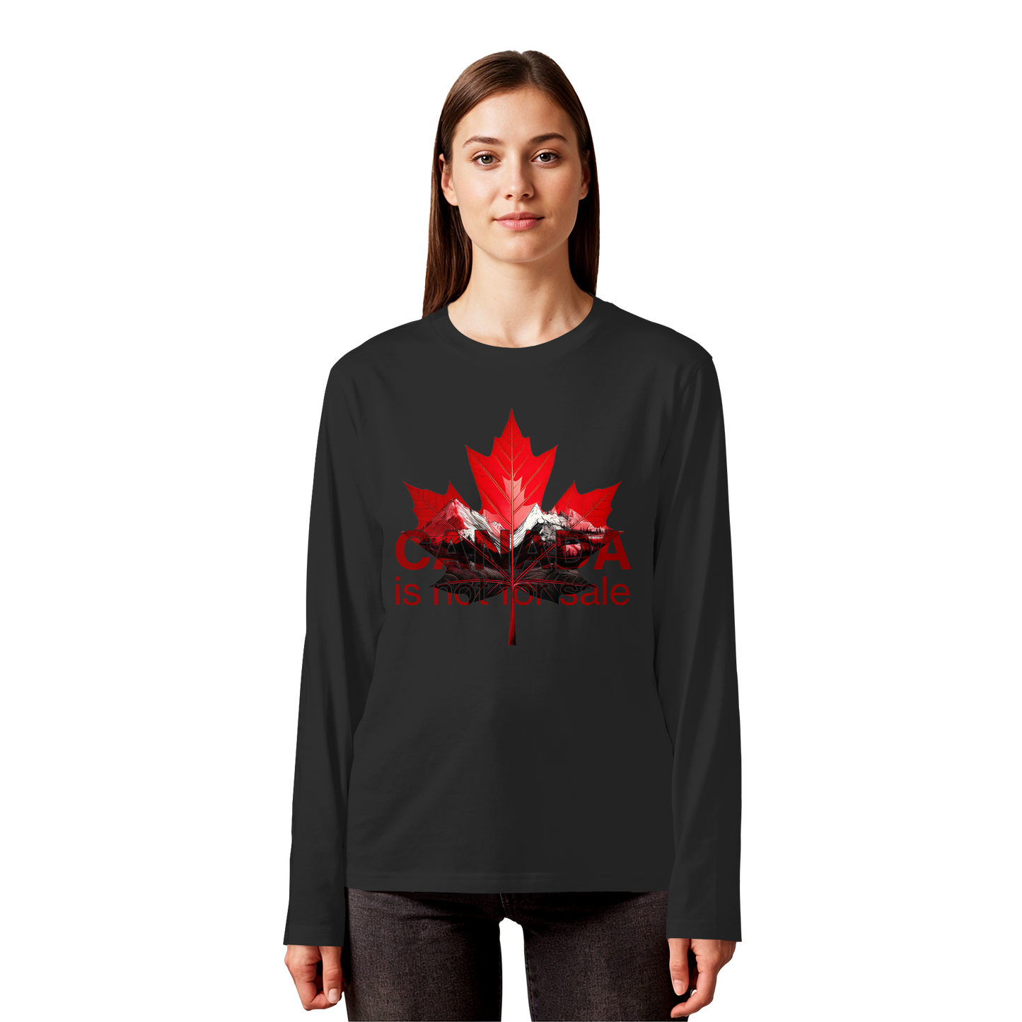 Unisex Long Sleeve Tee “Canada is Not for Sale” – Red Maple Leaf and Mountains, Canadian Pride Shirt