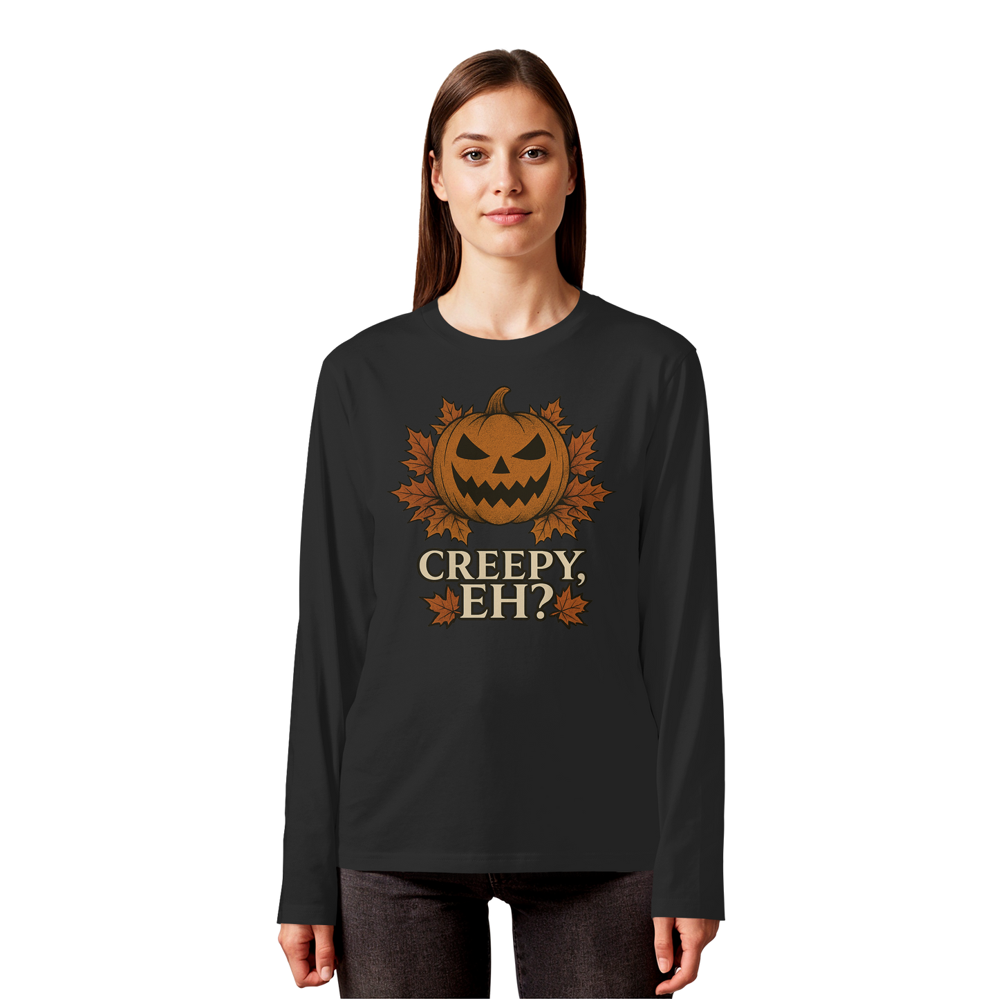 Creepy, Eh? – Long Sleeve Halloween Shirt - Canadian Pumpkin & Maple Leaf Design
