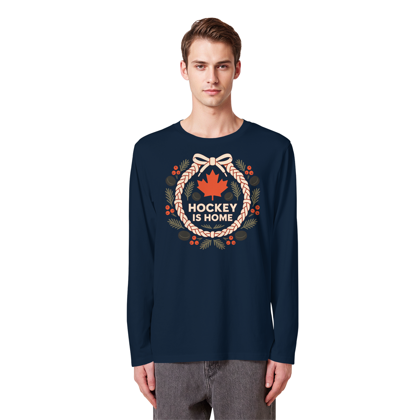 Hockey Lace Wreath Long Sleeve | Hockey Christmas Shirt | Premium Cotton Tee