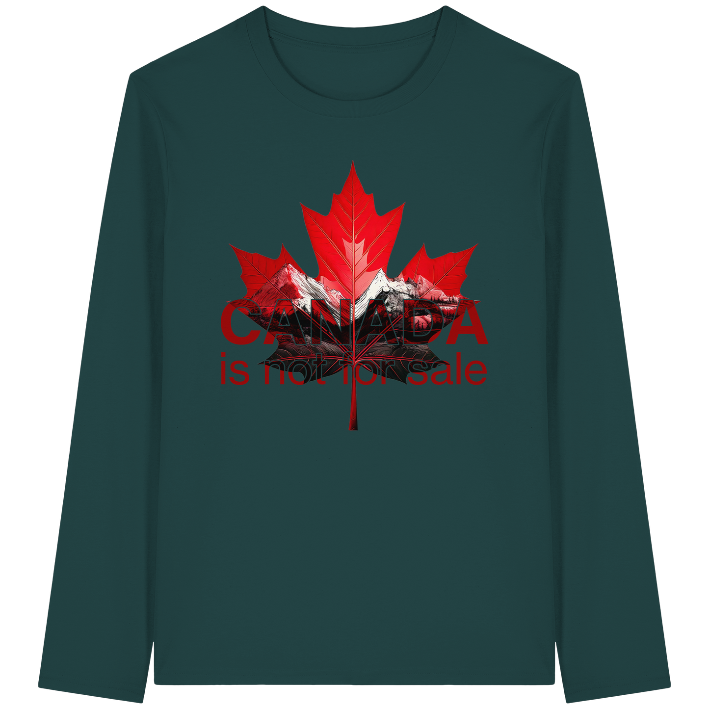 Unisex Long Sleeve Tee “Canada is Not for Sale” – Red Maple Leaf and Mountains, Canadian Pride Shirt