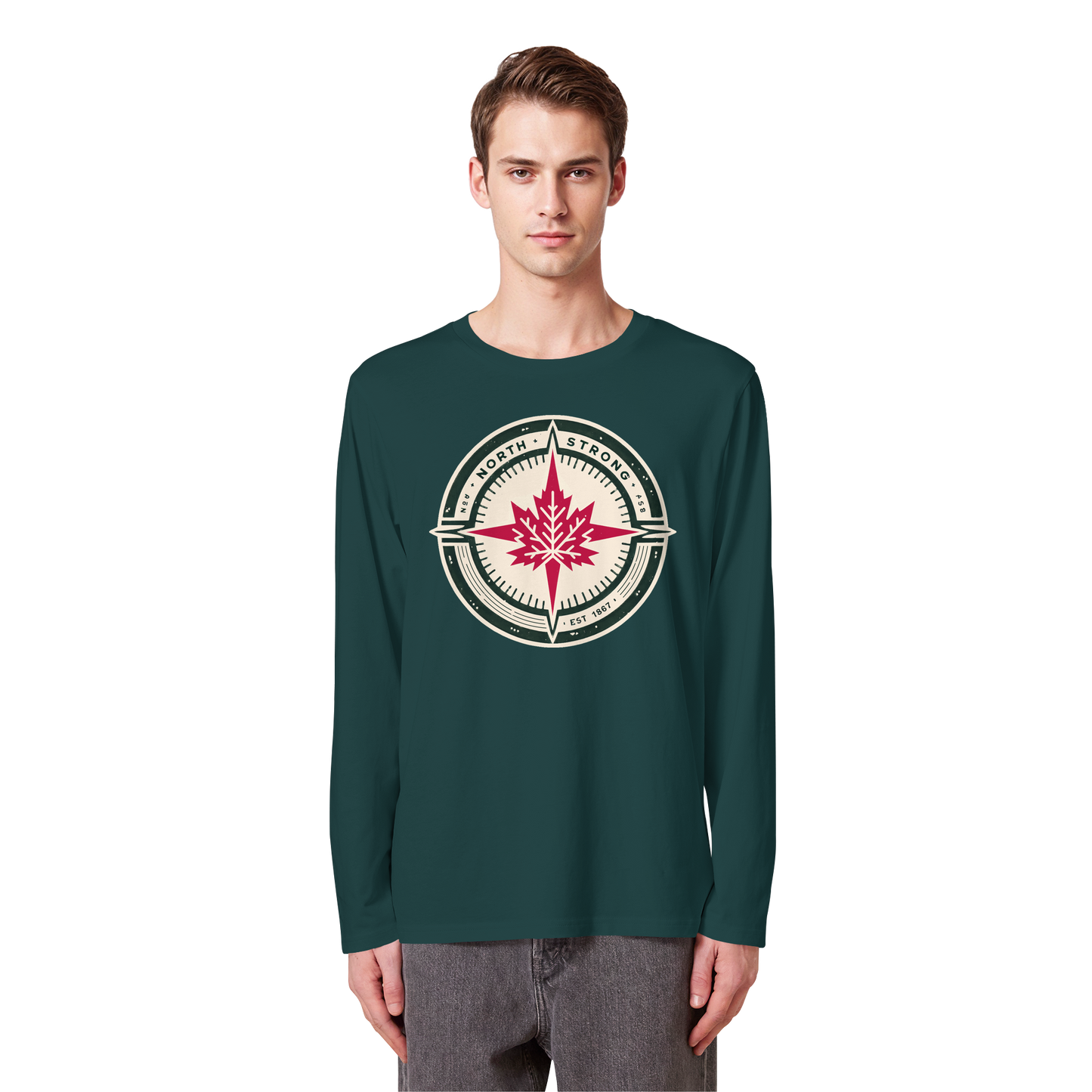 “North Strong” Compass Design – Unisex Long Sleeve Tee – Navigate Adventure with Canadian Pride