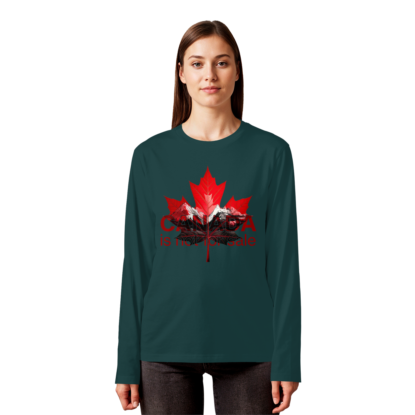 Unisex Long Sleeve Tee “Canada is Not for Sale” – Red Maple Leaf and Mountains, Canadian Pride Shirt