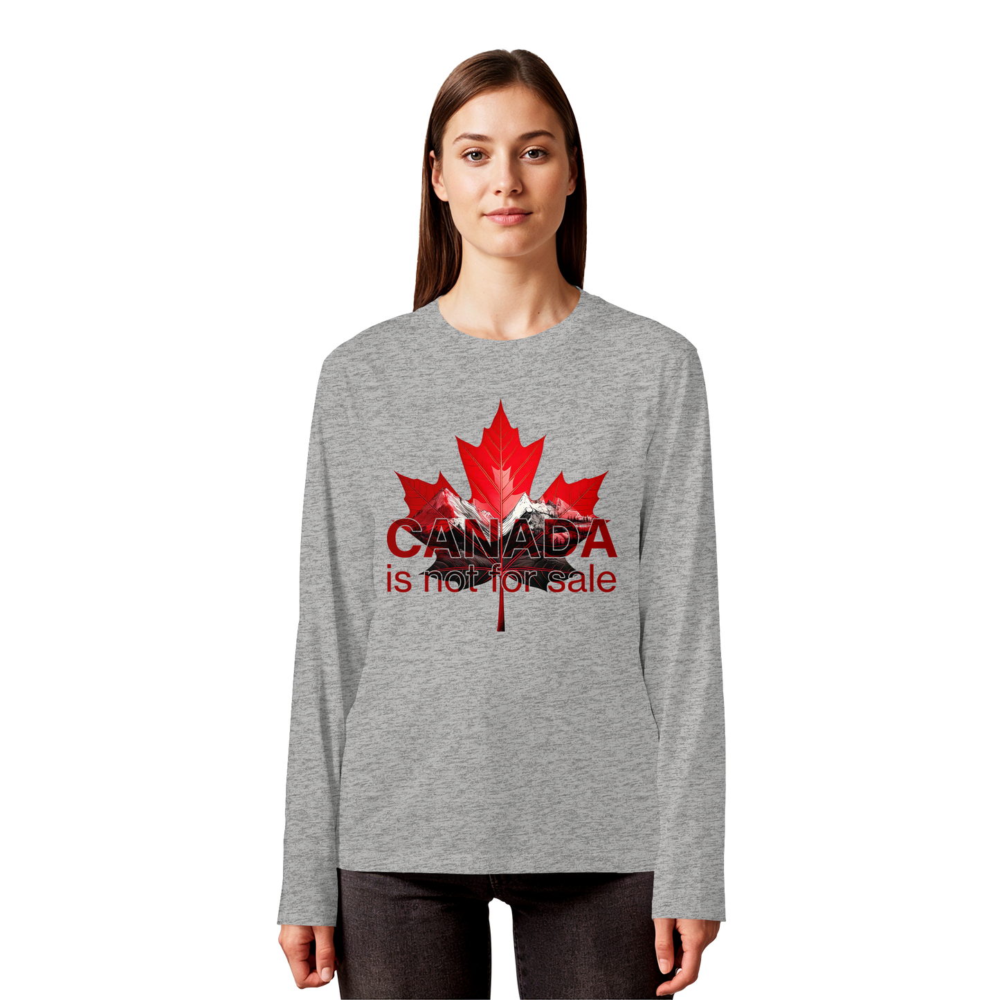Unisex Long Sleeve Tee “Canada is Not for Sale” – Red Maple Leaf and Mountains, Canadian Pride Shirt