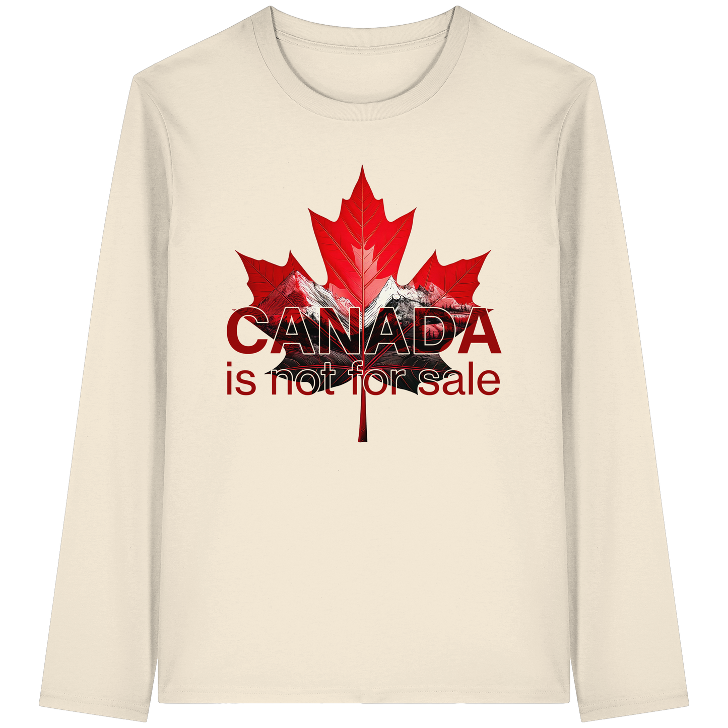 Unisex Long Sleeve Tee “Canada is Not for Sale” – Red Maple Leaf and Mountains, Canadian Pride Shirt