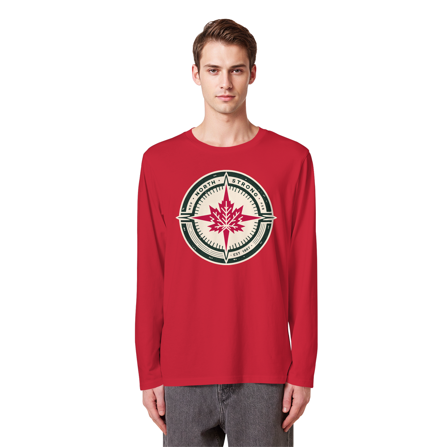 “North Strong” Compass Design – Unisex Long Sleeve Tee – Navigate Adventure with Canadian Pride