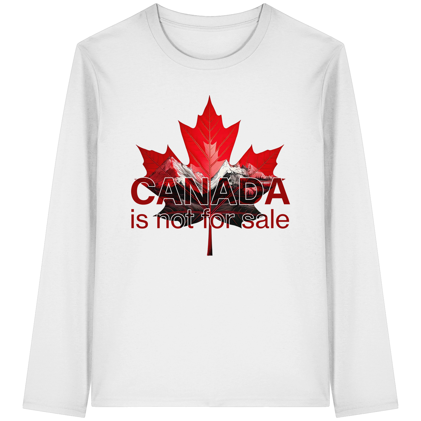 Unisex Long Sleeve Tee “Canada is Not for Sale” – Red Maple Leaf and Mountains, Canadian Pride Shirt