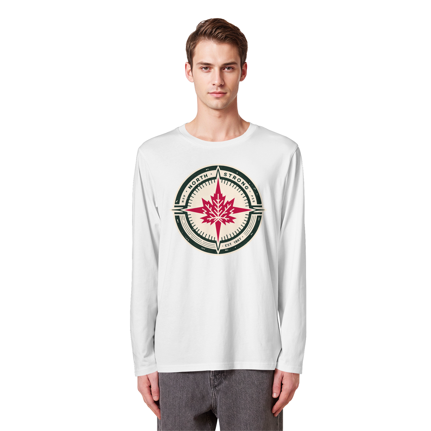 “North Strong” Compass Design – Unisex Long Sleeve Tee – Navigate Adventure with Canadian Pride