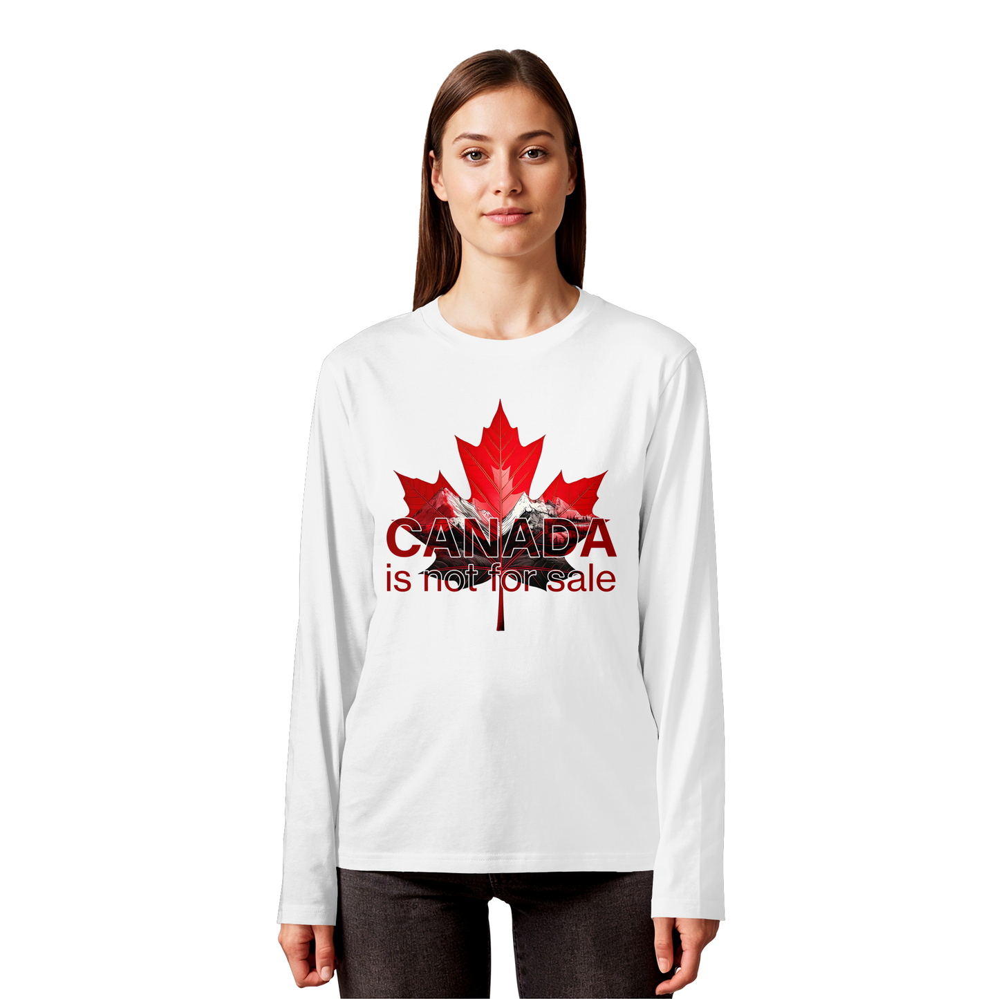 Unisex Long Sleeve Tee “Canada is Not for Sale” – Red Maple Leaf and Mountains, Canadian Pride Shirt