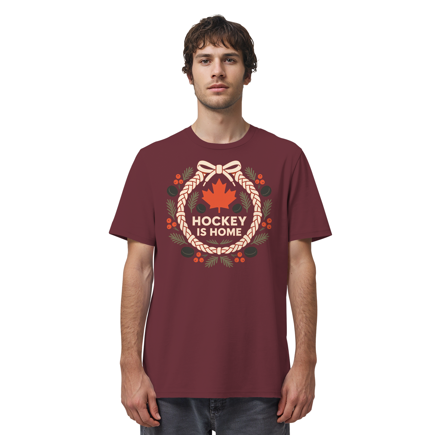 Hockey Lace Wreath | Hockey Christmas Shirt | Maple Leaf Holiday Tee – Premium Cotton Gift