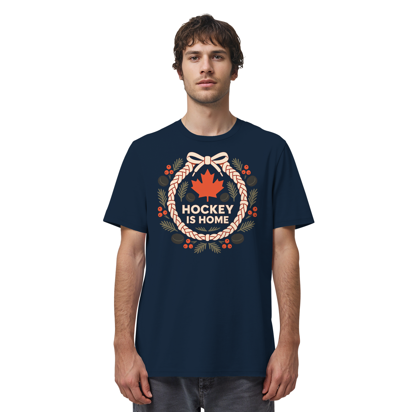 Hockey Lace Wreath | Hockey Christmas Shirt | Maple Leaf Holiday Tee – Premium Cotton Gift