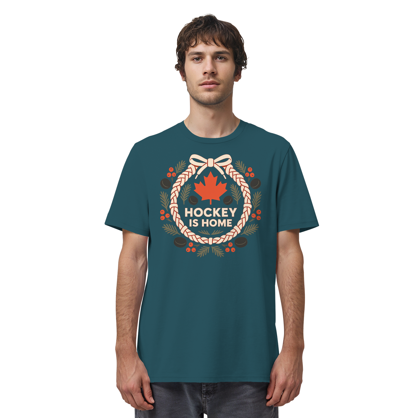 Hockey Lace Wreath | Hockey Christmas Shirt | Maple Leaf Holiday Tee – Premium Cotton Gift