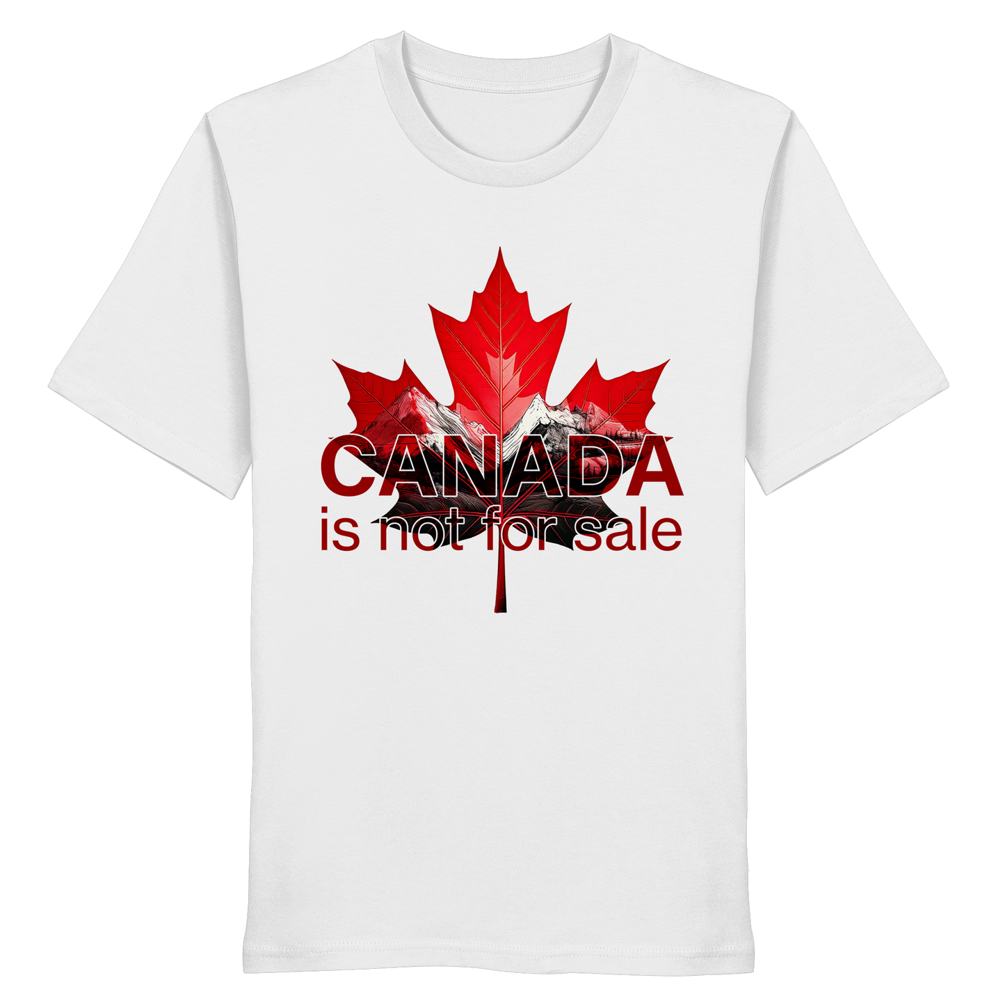 “Canada is not for Sale” Unisex Short Sleeve Tee – Red Maple Leaf and Mountains, Stylish Canada Shirt