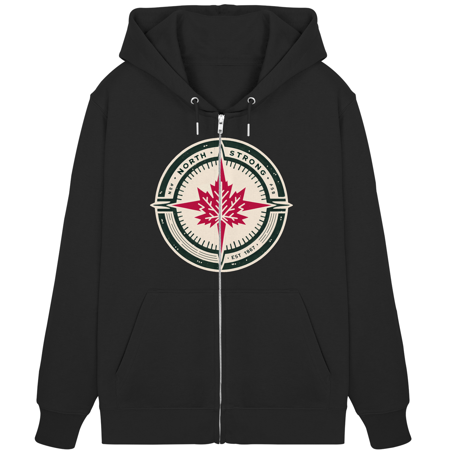 “North Strong” Compass Design Unisex Zip Hoodie – Navigate Adventure with Canadian Pride