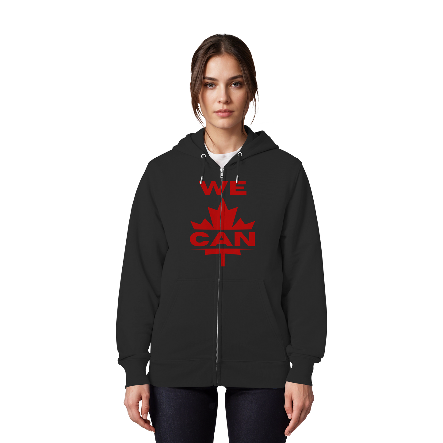 “WE CAN” with Maple Leaf Unisex Zip Hoodie – Motivational Hoodie for Everyday Comfort, Canada Pride