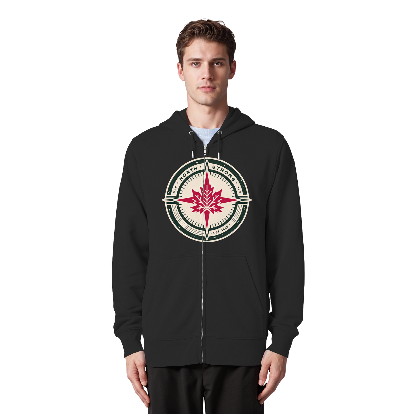 “North Strong” Compass Design Unisex Zip Hoodie – Navigate Adventure with Canadian Pride