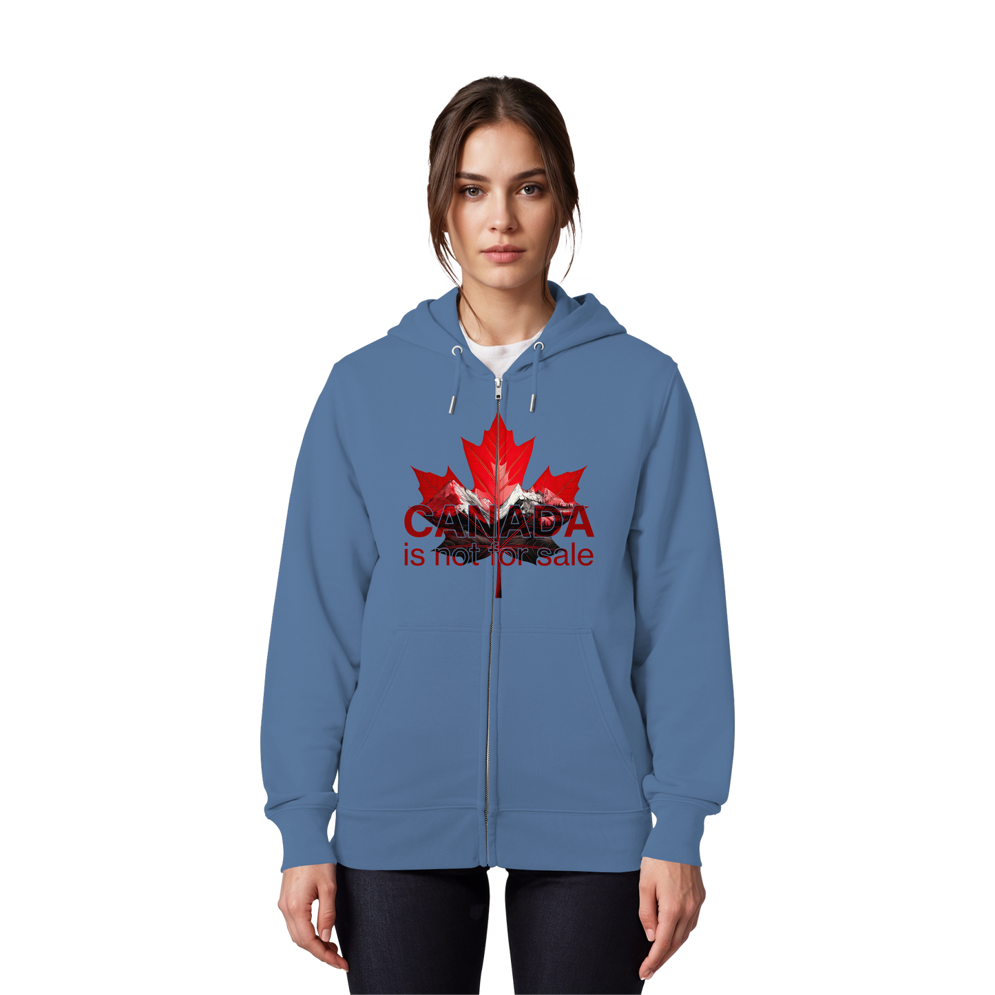 Zip Hoodie “Canada is Not for Sale” – Red Maple Leaf and Mountains, Cozy and Stylish Sweatshirt for Proud Canadians