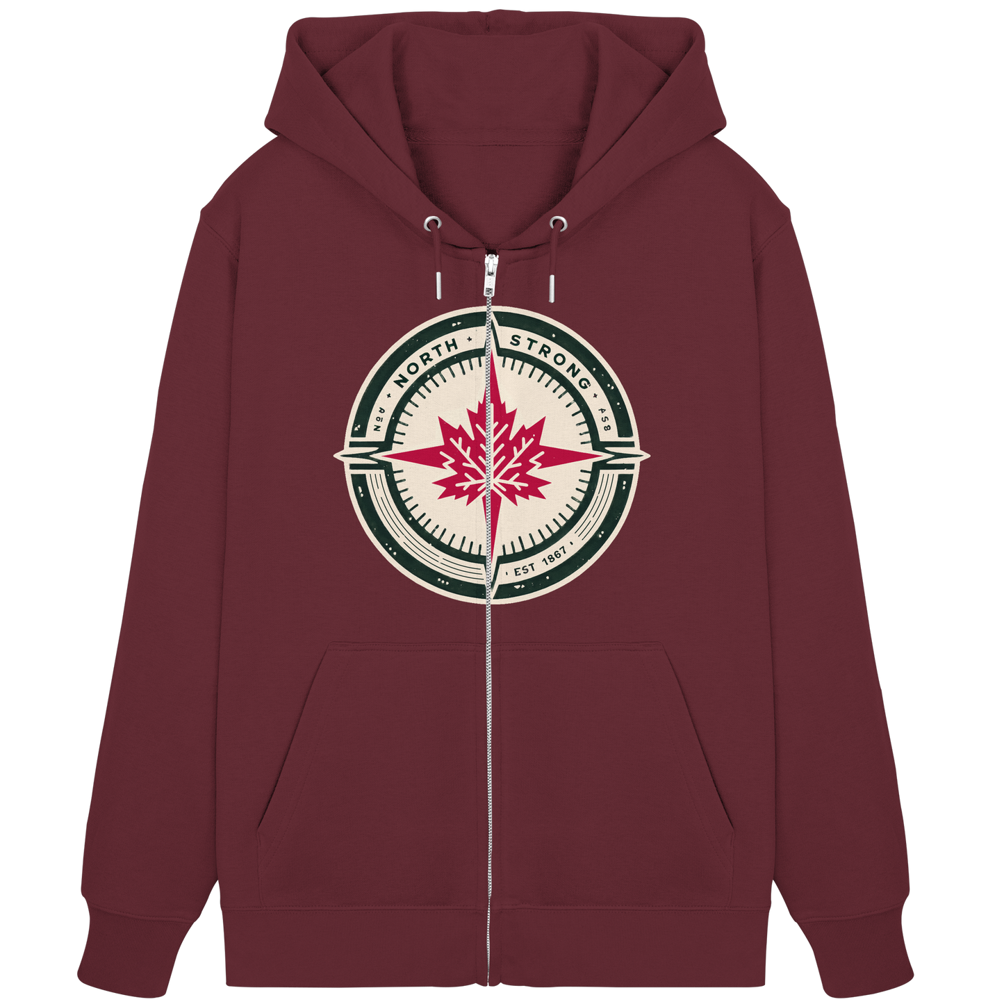 “North Strong” Compass Design Unisex Zip Hoodie – Navigate Adventure with Canadian Pride