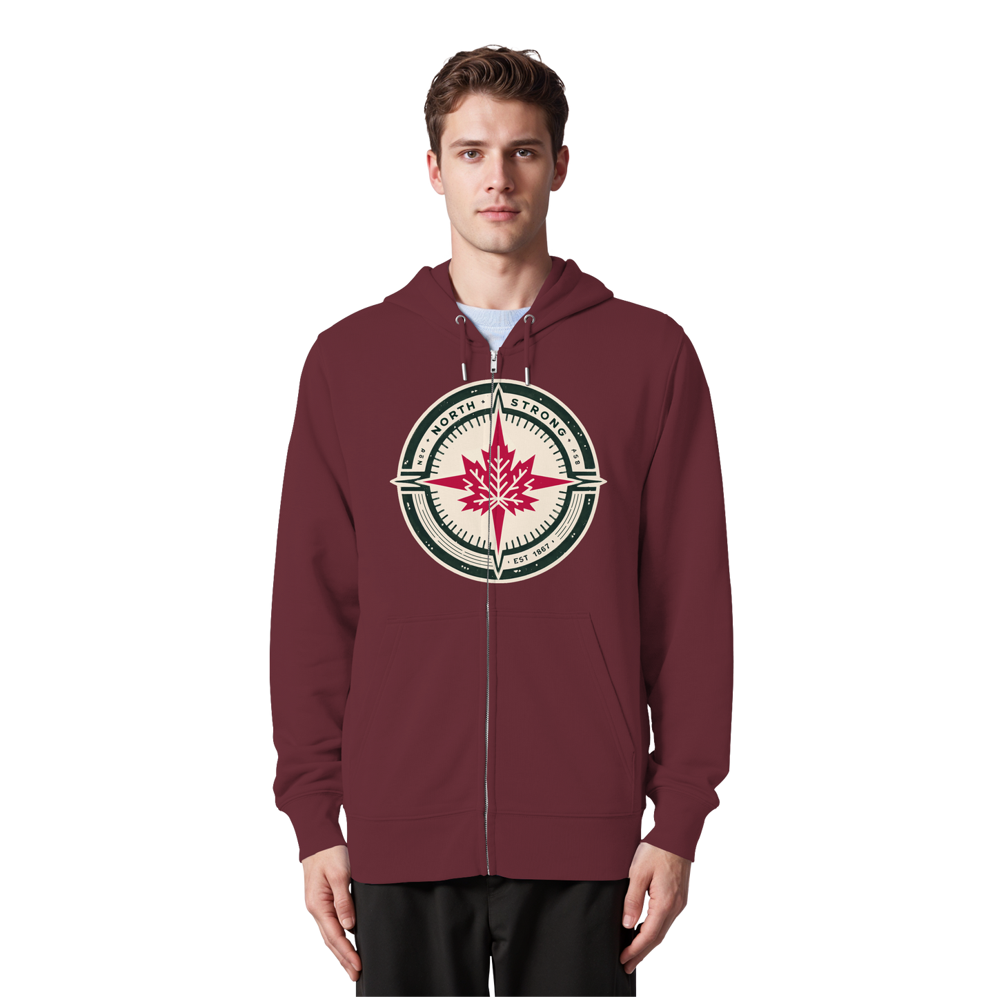 “North Strong” Compass Design Unisex Zip Hoodie – Navigate Adventure with Canadian Pride