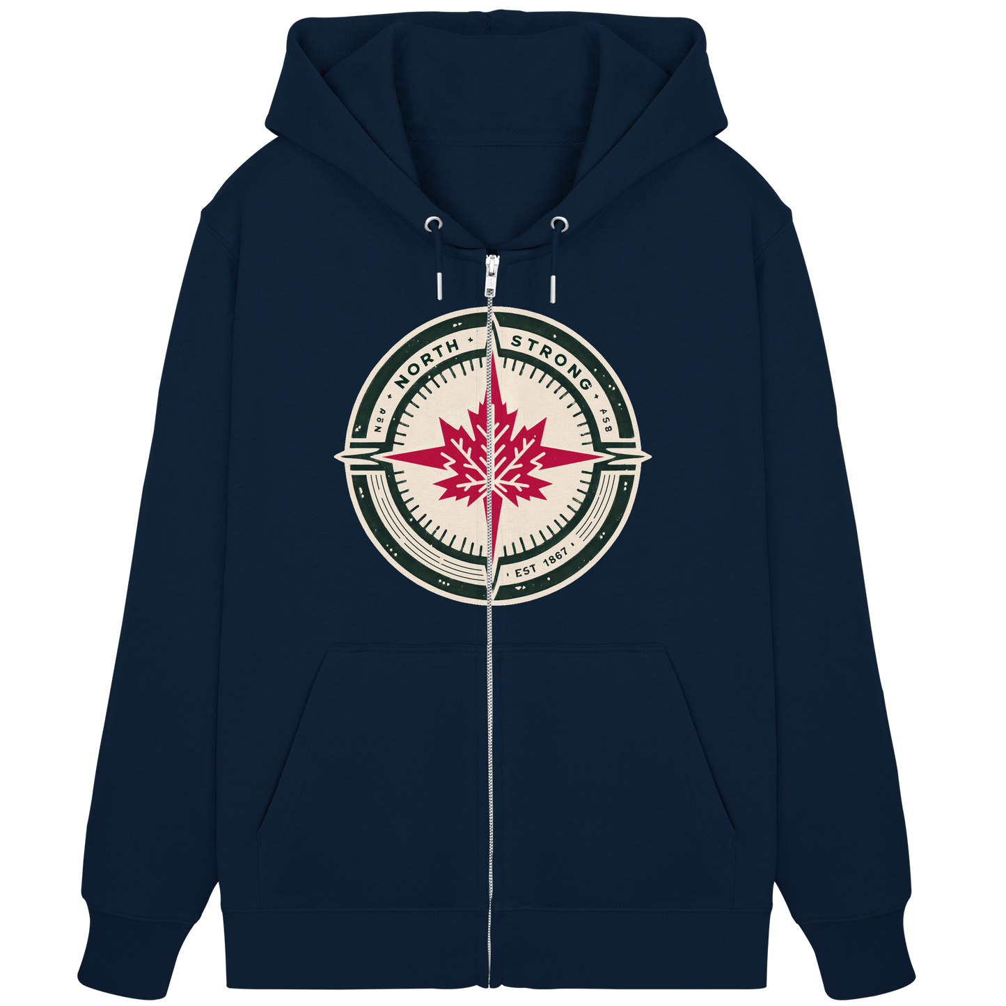 “North Strong” Compass Design Unisex Zip Hoodie – Navigate Adventure with Canadian Pride