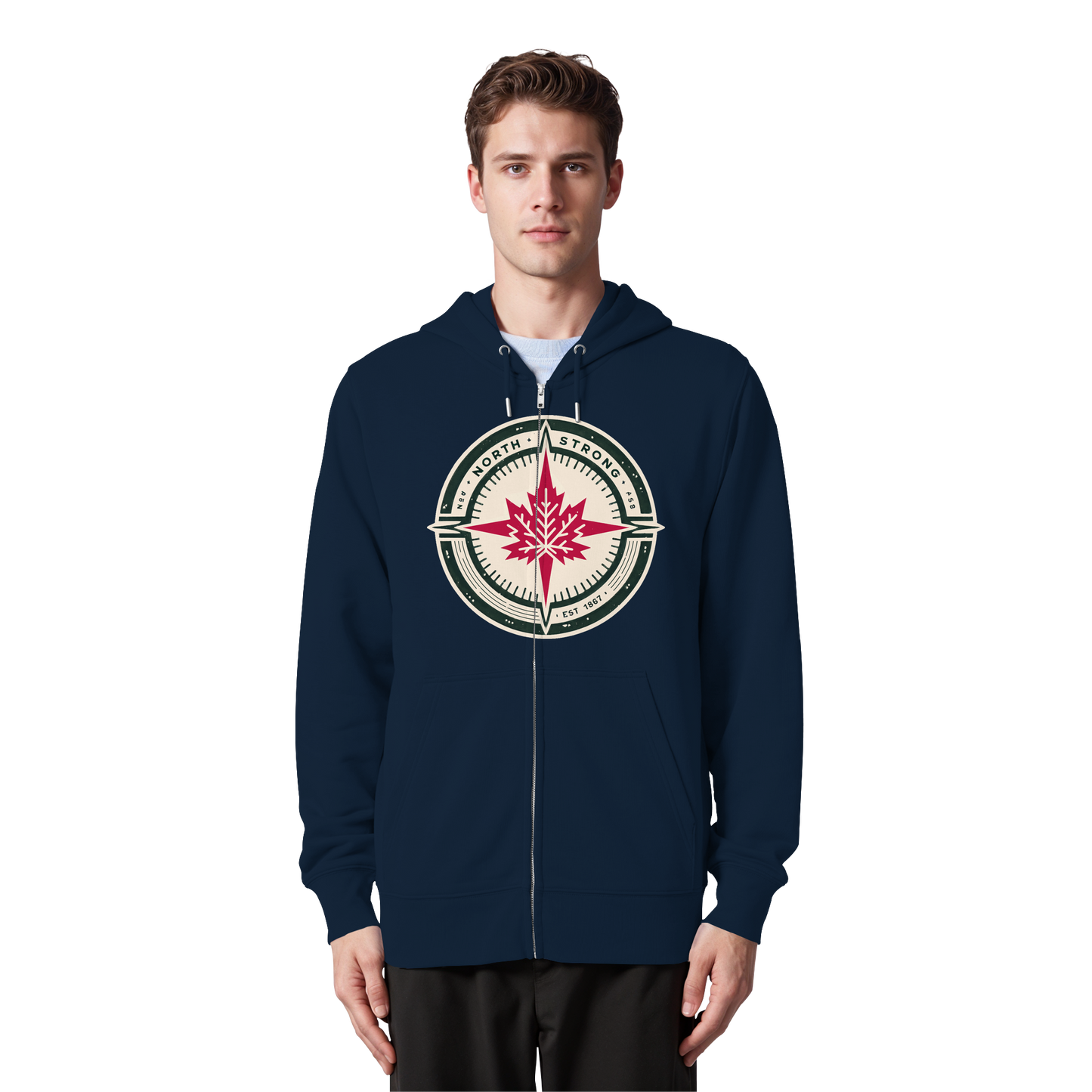 “North Strong” Compass Design Unisex Zip Hoodie – Navigate Adventure with Canadian Pride