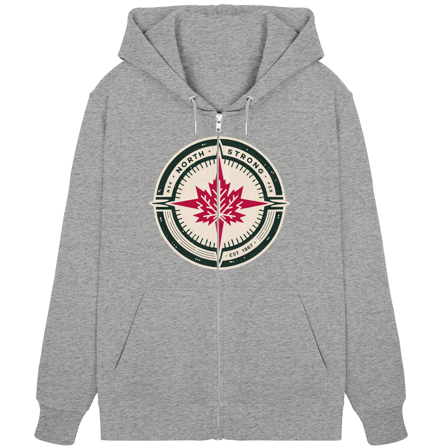 “North Strong” Compass Design Unisex Zip Hoodie – Navigate Adventure with Canadian Pride