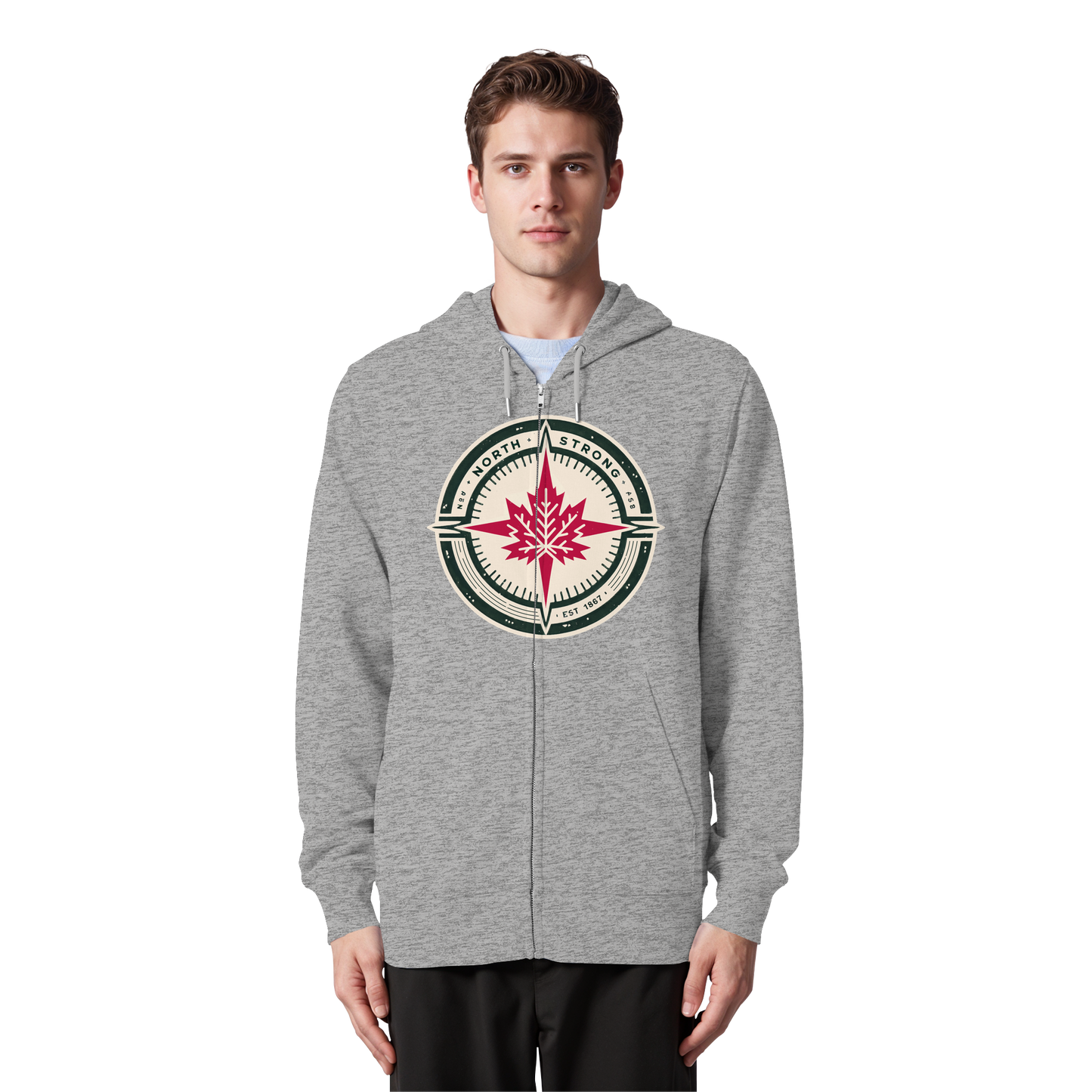 “North Strong” Compass Design Unisex Zip Hoodie – Navigate Adventure with Canadian Pride