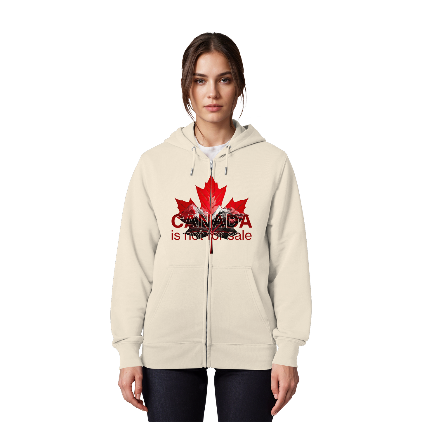 Zip Hoodie “Canada is Not for Sale” – Red Maple Leaf and Mountains, Cozy and Stylish Sweatshirt for Proud Canadians